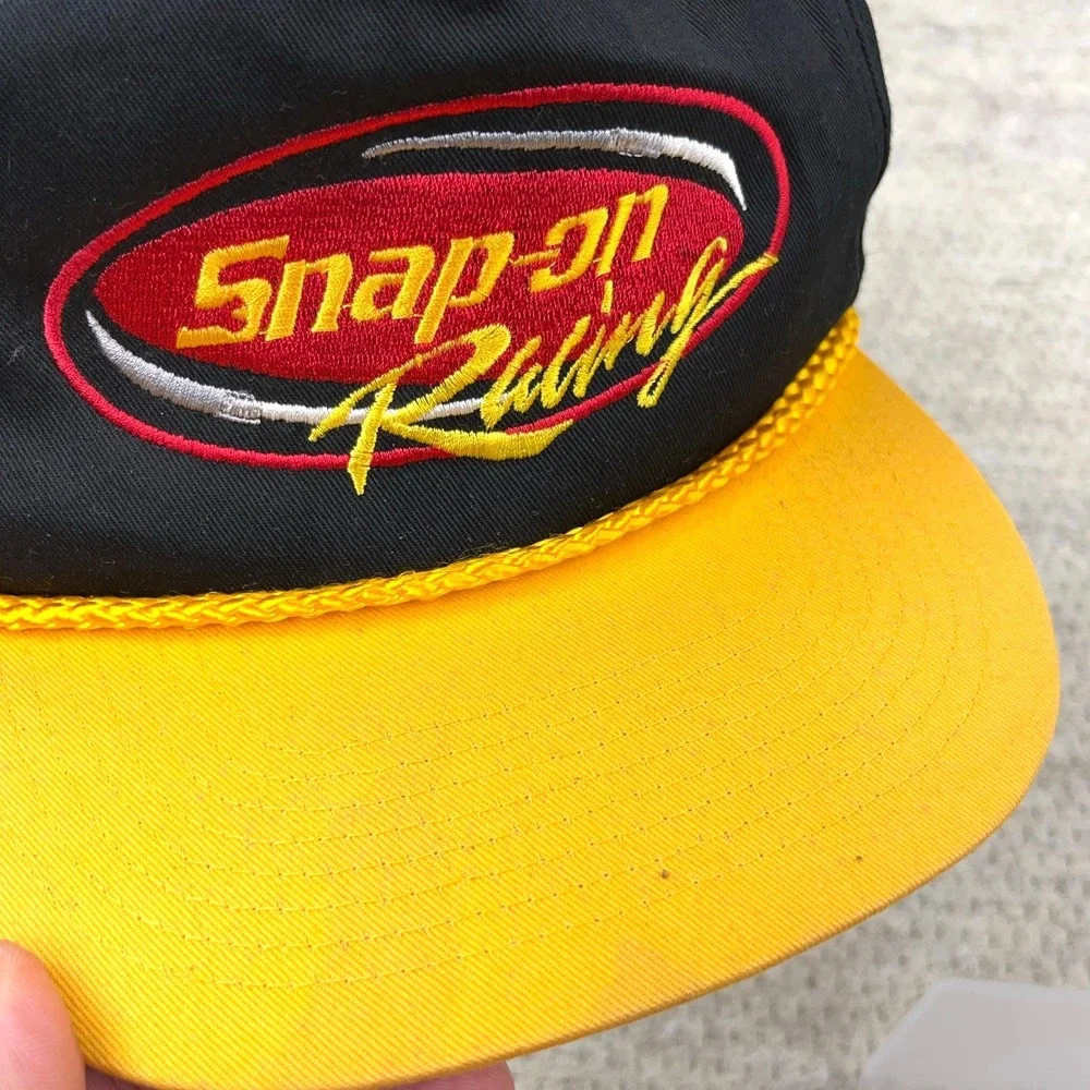 Vintage Snap On Hat Cap Snapback Black Yellow Racing 90s Y2K Tools Rope Trucker